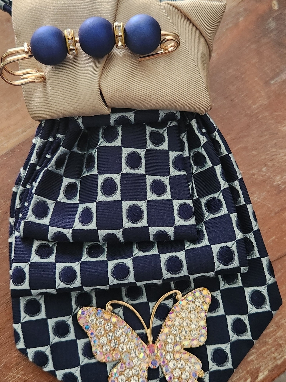 Navy and Cream Polka Check Women’s Tie/Brooch with Decorative Butterfly Accent